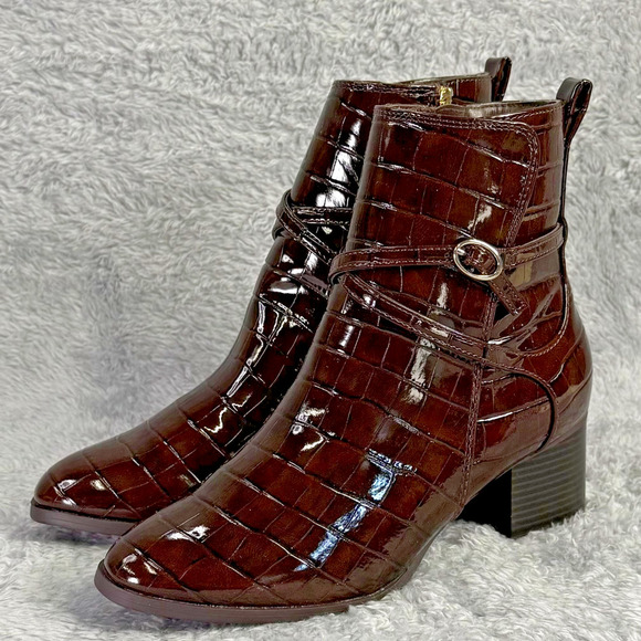 Anne Klein Makanda Ankle Boots Brown Croc Women's Size 9 Strappy Booties iFlex - Picture 1 of 10